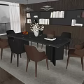 Modern Dining Table Set With Six Gray Chairs And Fruit Bowl Vase In Minimalist Interior