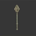 Medieval Metal Polearm Weapon With Ornate Decorative Head And Long Shaft
