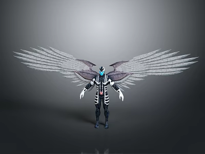 Futuristic Character In Black White Suit With Large Mechanical Wings And Glowing Blue Accents 3d model
