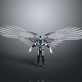Futuristic Character In Black White Suit With Large Mechanical Wings And Glowing Blue Accents