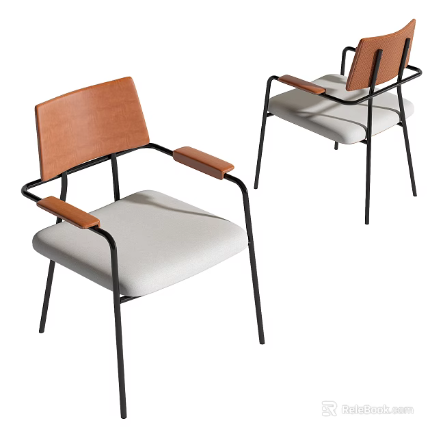 Modern Single Chair With Wooden Backrest And White Padded Seat Black Metal Legs 3d model 