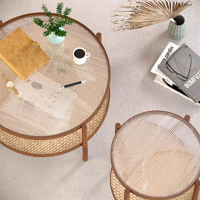 Modern Round Coffee Table With Glass Top Rattan Base And Wooden Legs 3d model