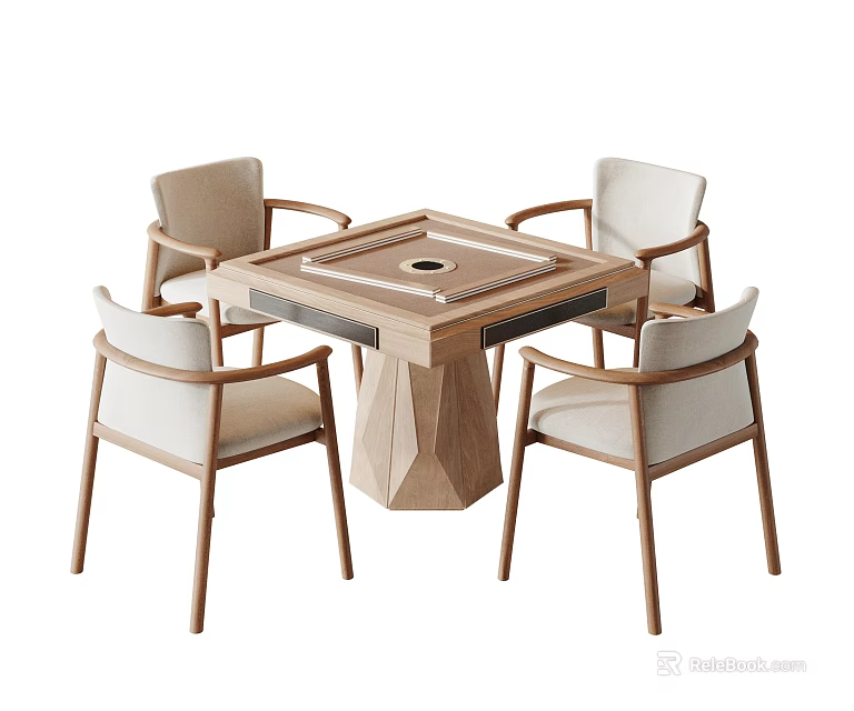 Stylish Square Entertainment Table With Four Light Wood Frame Chairs And Beige Cushions 3d model 
