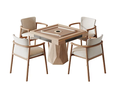 Stylish Square Entertainment Table With Four Light Wood Frame Chairs And Beige Cushions 3d model