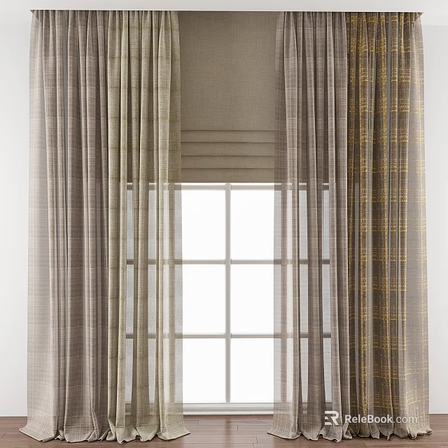 Neutral Plaid Curtains With Sheer Inner Layer For Grid Window Design 3d model 