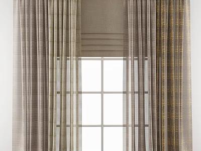 Neutral Plaid Curtains With Sheer Inner Layer For Grid Window Design 3d model