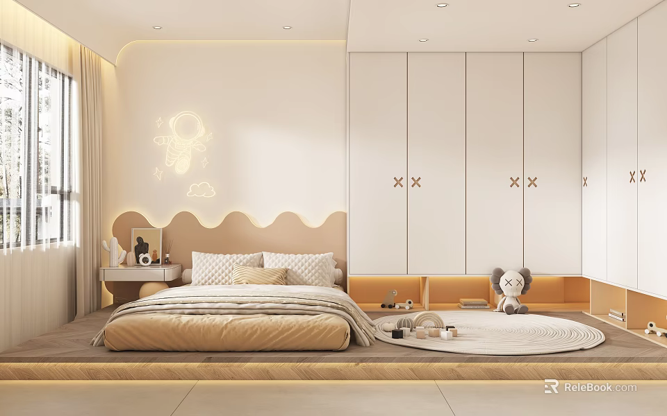 Cute Modern Kids Room Interior With Bed Wardrobe Toys And Decorative Light 3d model 