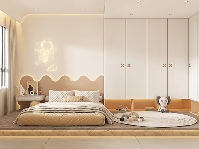 Cute Modern Kids Room Interior With Bed Wardrobe Toys And Decorative Light 3d model