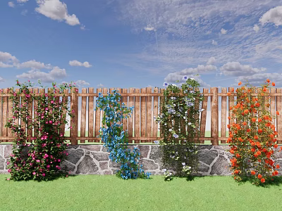 Colorful Climbing Vines on Wooden Fence with Stone Wall and Green Lawn Under Blue Sky 3d model