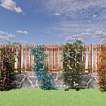Colorful Climbing Vines on Wooden Fence with Stone Wall and Green Lawn Under Blue Sky