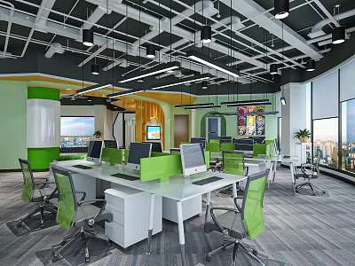 Modern Public Office Space With Open Layout Green Chairs White Desks Computers And Hanging Lights 3d model