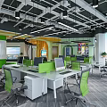 Modern Public Office Space With Open Layout Green Chairs White Desks Computers And Hanging Lights