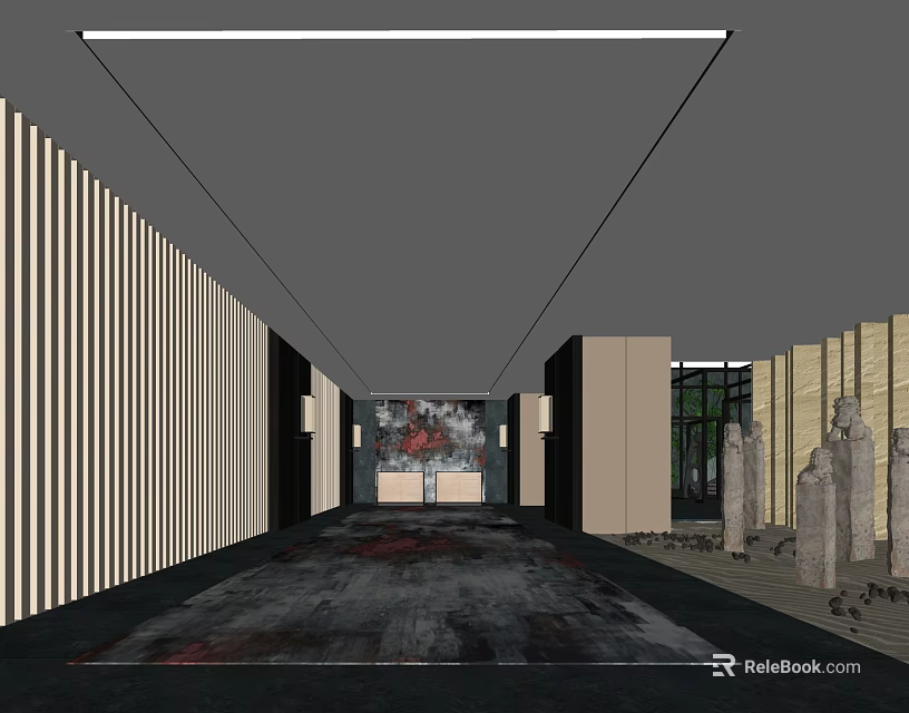 Modern Elevator Hallway With Striped Walls Decorative Painting Patterned Carpet And Ceiling Lighting 3d model