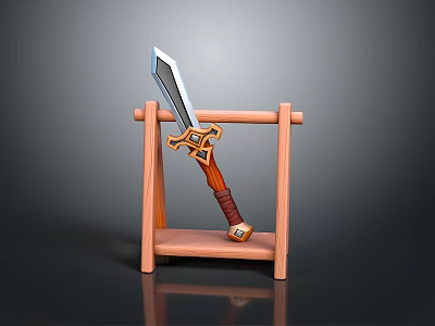 Wooden Sword Rack Displaying Decorative Sword With Ornate Hilt And Brown Grip 3d model