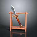 Wooden Sword Rack Displaying Decorative Sword With Ornate Hilt And Brown Grip