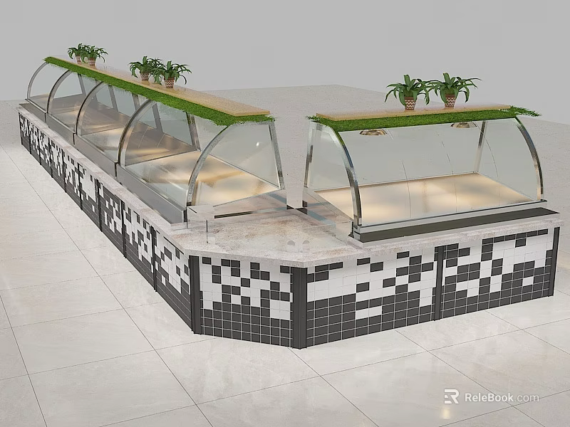 Commercial Display Showcase Shelves With Glass Dome Decorative Plants And Patterned Tile Base 3d model 