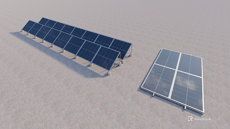 Ground Mounted Solar Panels Array Installation on Dry Terrain Surface 3d model