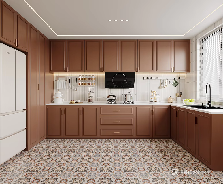 Warm Kitchen Interior With Brown Cabinets White Refrigerator And Tiled Floor 3d model