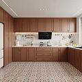 Warm Kitchen Interior With Brown Cabinets White Refrigerator And Tiled Floor 3d model