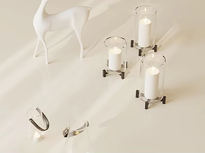 White Deer Decor With Glass Candle Holders And Lit Candles On Metal Stands 3d model