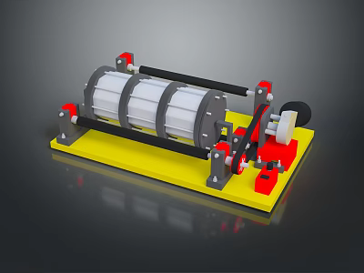 Industrial Mechanical Device With Yellow Base Silver Drum Red And Black Parts 3d model