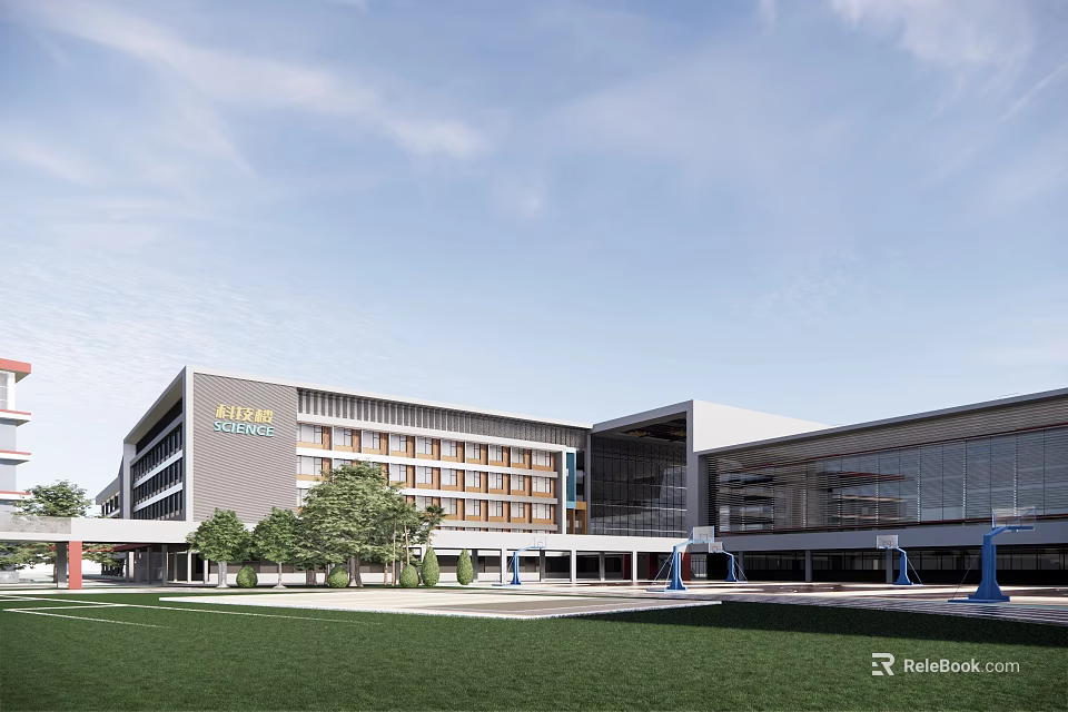 Modern School Building With Glass Facade Green Lawn Trees And Multi Story Structure 3d model 