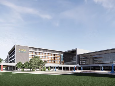 Modern School Building With Glass Facade Green Lawn Trees And Multi Story Structure 3d model