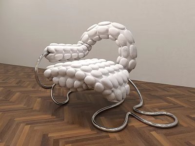 Modern White Pebble Shaped Leisure Chair With Curved Metal Frame On Wooden Floor 3d model