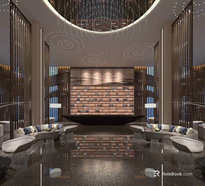 Modern Hotel Lobby Interior With Circular Chandelier And Seating Area 3d model 