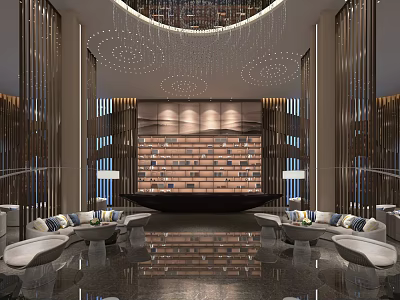 Modern Hotel Lobby Interior With Circular Chandelier And Seating Area 3d model