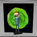 Cartoon Character In Blue Suit Standing With Green Vortex Creature Against Starry Background
