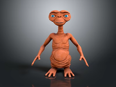 Alien Character With Large Blue Eyes And Orange Skin Standing On Shiny Black Background 3d model