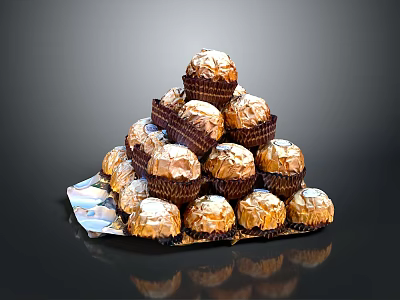 Chocolate Truffles Pyramid Stack With Powdered Sugar Topping On Shiny Tray Dark Background 3d model