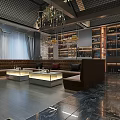 Modern KTV Room Interior With Brown Sofa Fireplace TV Bar Counter And Chandeliers