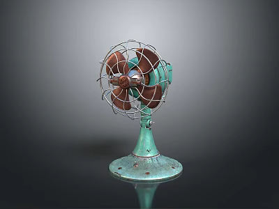 Vintage Electric Fan With Green Base Metal Wire Guard And Brown Blades 3d model
