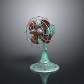 Vintage Electric Fan With Green Base Metal Wire Guard And Brown Blades