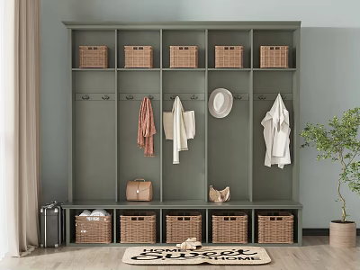 Green Shoe Cabinet With Compartments Wicker Baskets Bench Coat Hooks And Welcome Rug 3d model