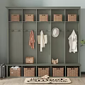 Green Shoe Cabinet With Compartments Wicker Baskets Bench Coat Hooks And Welcome Rug