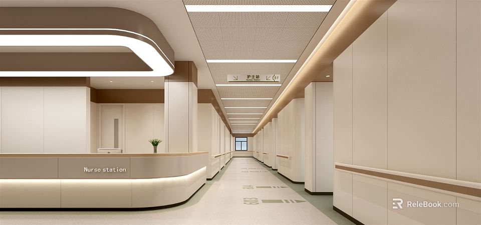 Hospital Outpatient Clinic Interior With Reception Desk Ceiling Lights And Floor Signs 3d model 