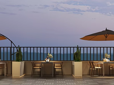 Seaside Terrace Garden With Orange Umbrellas Tables Chairs And Potted Plants 3d model