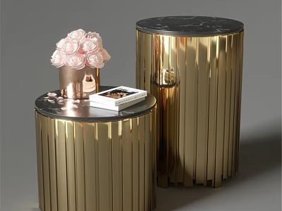 Modern Gold Cylindrical Dining Tables With Marble Tops Pink Roses Vase And Book 3d model