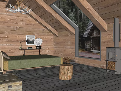 Cozy Hotel Guest Room With Wooden Interior Chandelier Scenic Log Cabin View And Wood Stove 3d model