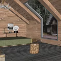 Cozy Hotel Guest Room With Wooden Interior Chandelier Scenic Log Cabin View And Wood Stove