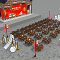 Traditional Chinese Architectural Scene With Calligraphy Scrolls Red Lanterns And Fan