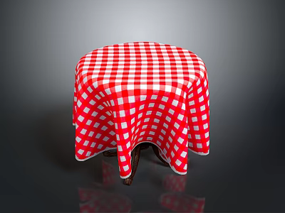 Round Dining Table With Red And White Checkered Tablecloth And Wooden Legs 3d model