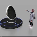 Woman Taking Photo Of Egg Shaped Device On Black Circular Base With White Lines