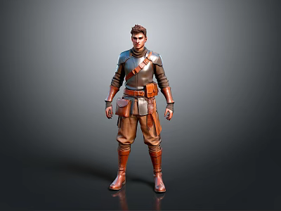 Man In Medieval Leather Armor With Belt Pouches And Brown Boots Standing Pose 3d model