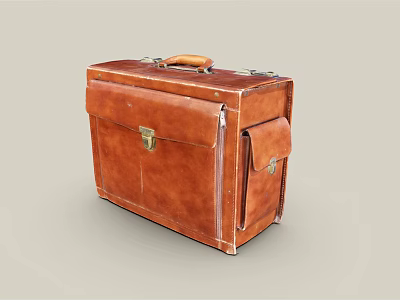 Vintage Brown Leather Suitcase With Leather Handle Metal Lock And Side Pocket 3d model