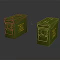 Green Military Storage Crates With Yellow Text Labels And Worn Surface Design