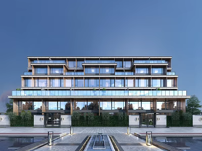 Modern Residential Building Exterior With Glass Facade Balconies And Landscaped Water Features 3d model